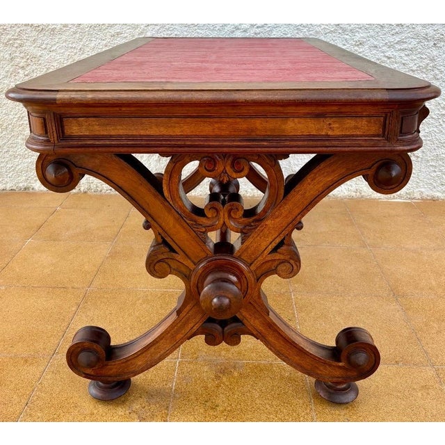 Spanish Baroque Revival Writing Table with Lyre Legs and Leather Top, 1920s For Sale - Image 6 of 10