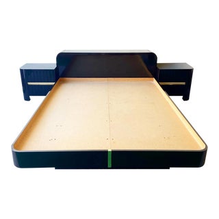 Postmodern Black Lacquer Laminate Queen Size Platform Bed With Nightstands and Storage Headboard - 4 Pieces For Sale