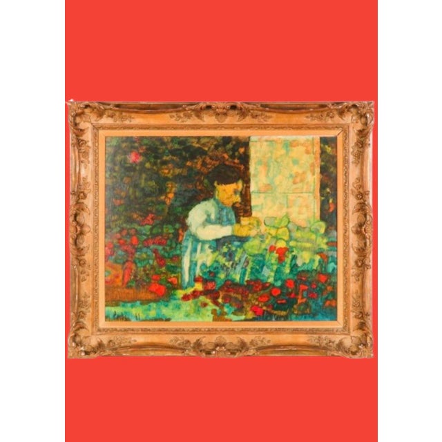 1960s 1961 American Donal Purdy Modernist Composition of a Female Figure in a Vibrant Garden Setting Frame Oil Art on Masonite. For Sale - Image 5 of 10