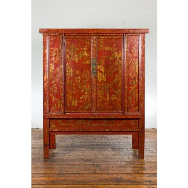 Asian 19th Century Large Chinese Qing Dynasty Red Lacquer Armoire with Gilt Décor For Sale - Image 3 of 13