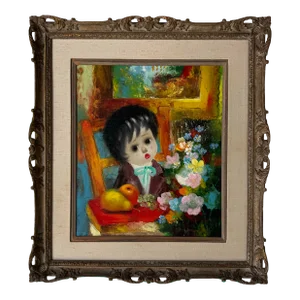 Santini Poncini (French, 20th C.) Girl Portrait Oil on Canvas Painting, Framed