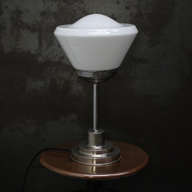 Art Deco White Opaline Cone Glass and Nickel-Plated Desk Lamp For Sale - Image 4 of 8