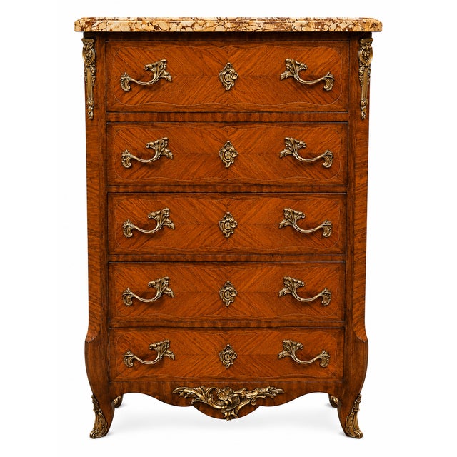 Louis XV-style chest of drawers (weekly organizer), fully plastered and richly inlaid. Excellent condition. Magnificent...