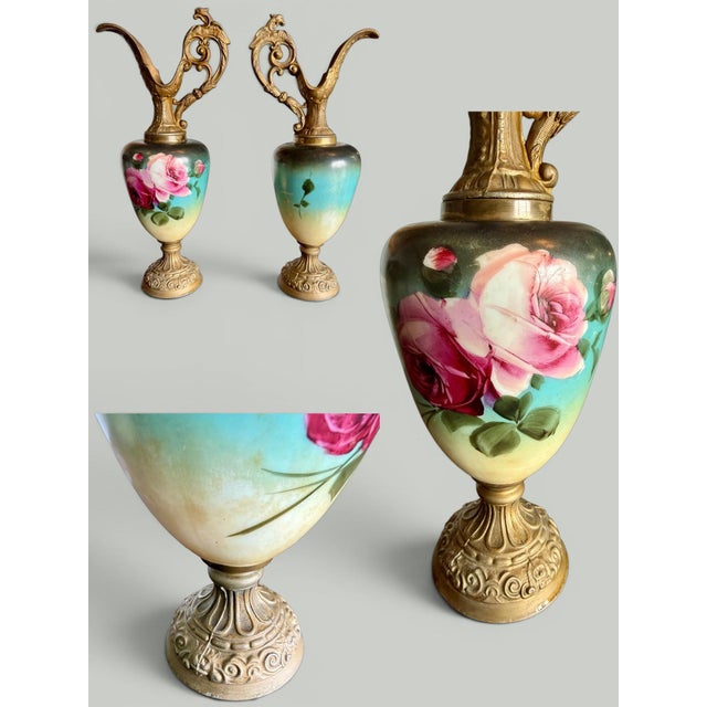 Metal Victorian Austrian Hand Painted Ewers Pair-Griffin-Green Man-Bronze-Antique-Rose For Sale - Image 7 of 11