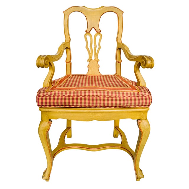 French Provincial Early 20th Century Venetian Rococo / Louis Revival Style Yellow Wood Upholstered Accent Side Chairs - A Pair For Sale - Image 3 of 17