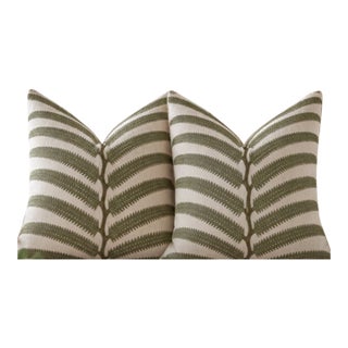 Pair of Kravet Plantae Leaf Embroidered Green Fern 22" Down Pillows For Sale