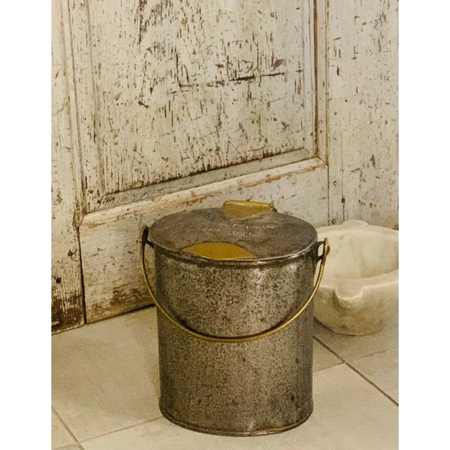 1880's antique English steel dairy pail with brass handle, hook, and accents. The name of the dairy, 'Abbott Bros. Pure...