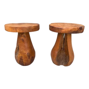 Mid 20th Century Rustic Solid Teak Wood Mushroom Tables - a Pair