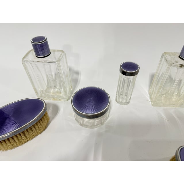 French Workshop, French Sterling Guilloché Enamel 8 Pc Vanity Set, Circa 1920 For Sale - Image 10 of 12