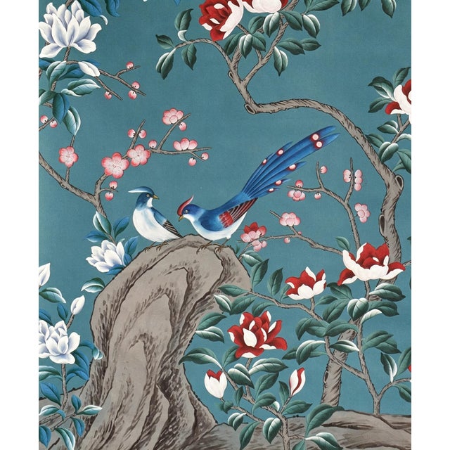 Artisan hand-painted chinoiserie mural with elegant teal background, decorated with striking red-and-white magnolia...