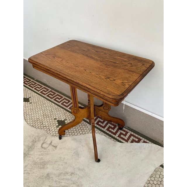 Antique Victorian Carved Quarter Sawn Oak Parlor Table on Casters, Eastlake Style For Sale - Image 11 of 18