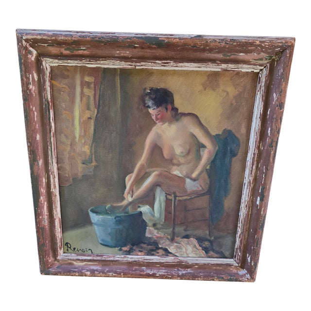 1910s Antique Renoir Style Painting of Woman Bathing, Framed For Sale