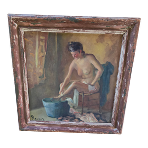 1910s Antique Renoir Style Painting of Woman Bathing, Framed