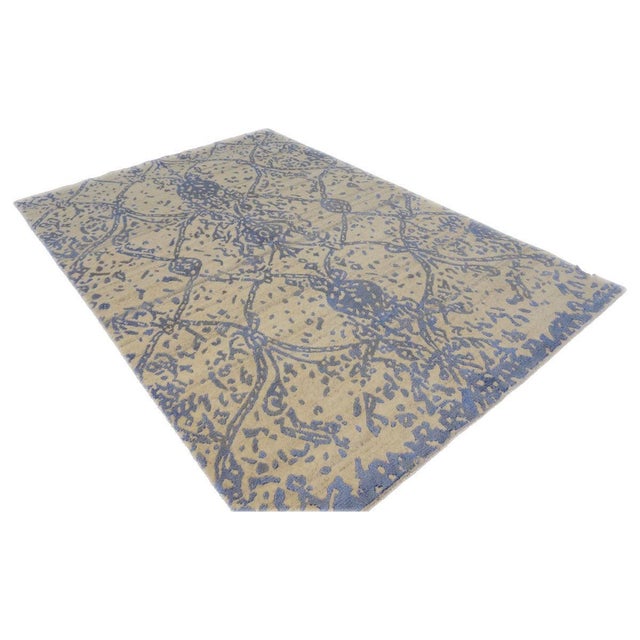 Early 21st Century Nepalese Modern Wool & Silk 4X6 Blue & Ivory Handmade Area Rug #9902954 For Sale - Image 5 of 6