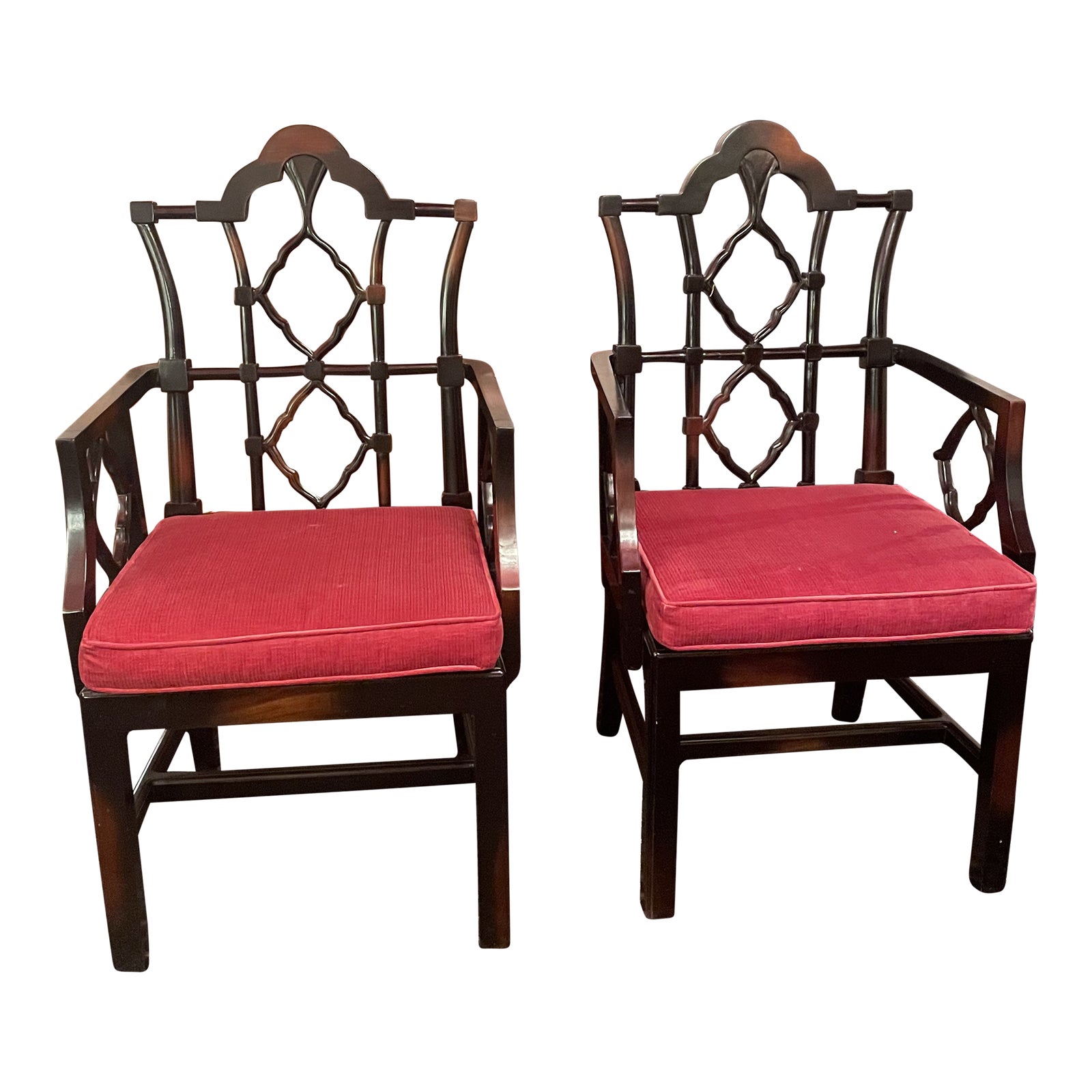 1980s Pair of Chinese Chippendale Chinoiserie Black Arm Chairs Made for