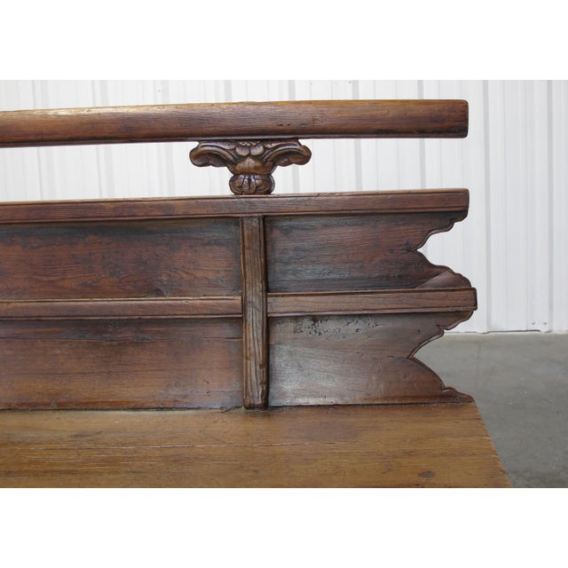 Antique 111" Elm Wood Bench With Tiered Backrest For Sale - Image 12 of 13