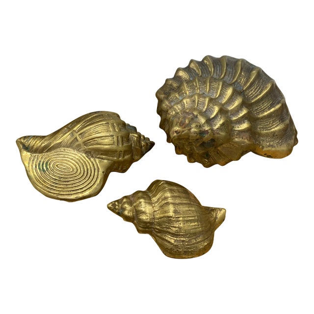 Vintage Set of 3 Brass Sea Shell Sculptures For Sale