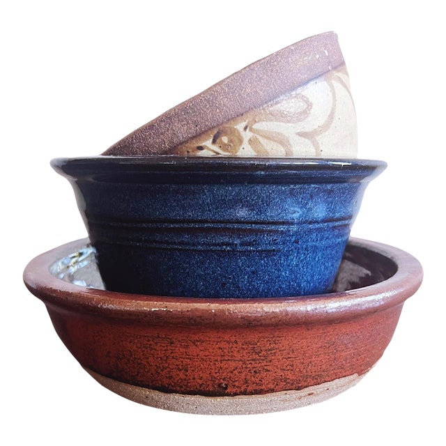 Set of 3 Vintage Stoneware Pottery Bowls For Sale