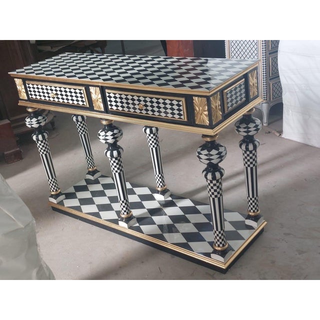 Vintage Harlequin Entryway Console Table Black & White Hollywood Regency For Sale In Orlando - Image 6 of 9