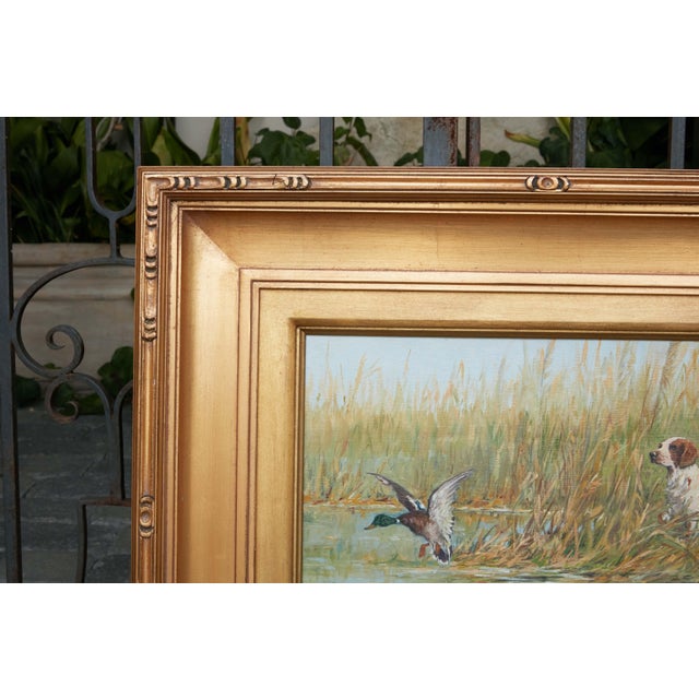 Green Fernand Maissen Oil on Panel Painting Depicting a Setter Hunting a River Mallard For Sale - Image 8 of 12