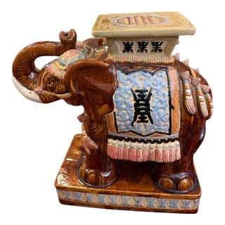 Vintage Elephant Heavy Ceramic Pottery Garden Stool / Side Table For Sale