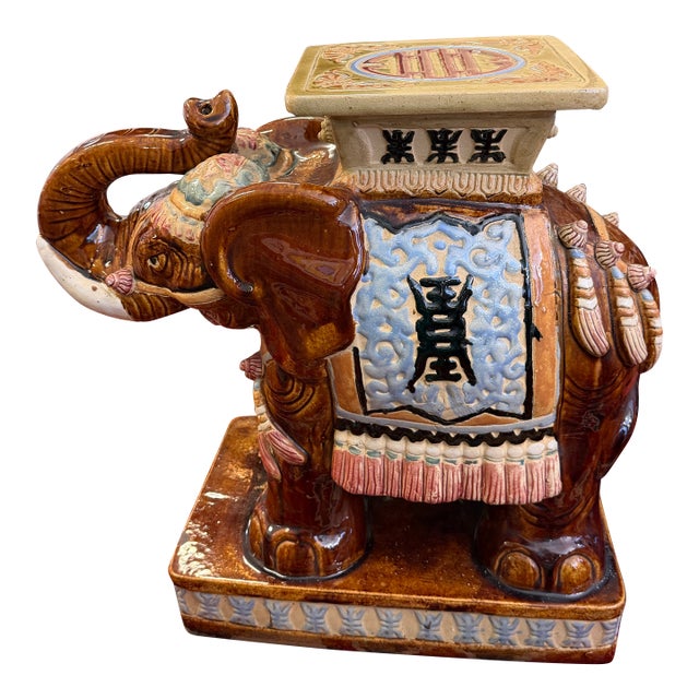Vintage Elephant Heavy Ceramic Pottery Garden Stool / Side Table For Sale