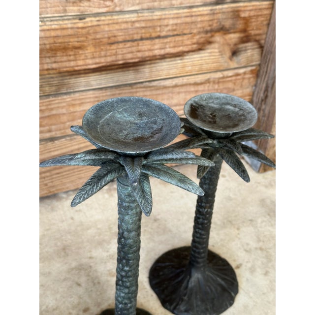 1980s Pair Vintage Coastal Rustic Metal Palm Tree Staggering Candlestick Holders For Sale - Image 5 of 11
