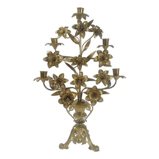 Antique French Brass Lilly Five Arm Candelabra For Sale