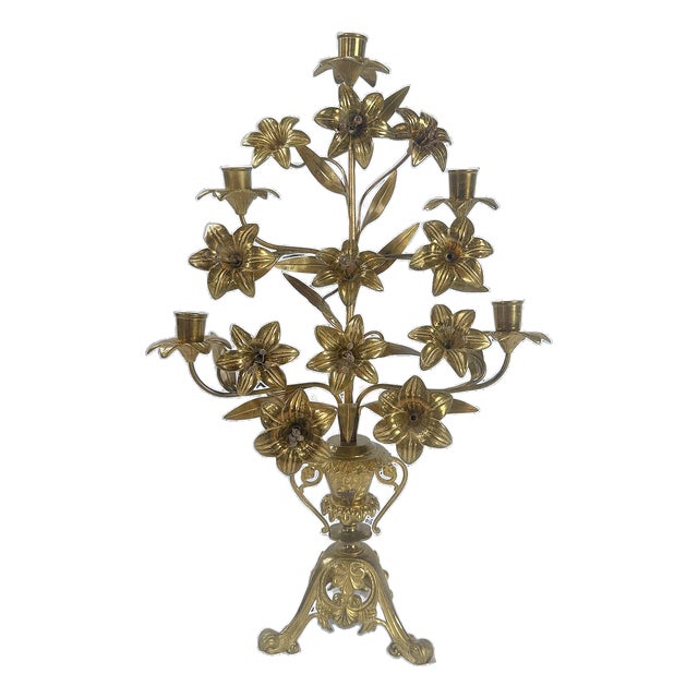 Antique French Brass Lilly Five Arm Candelabra For Sale
