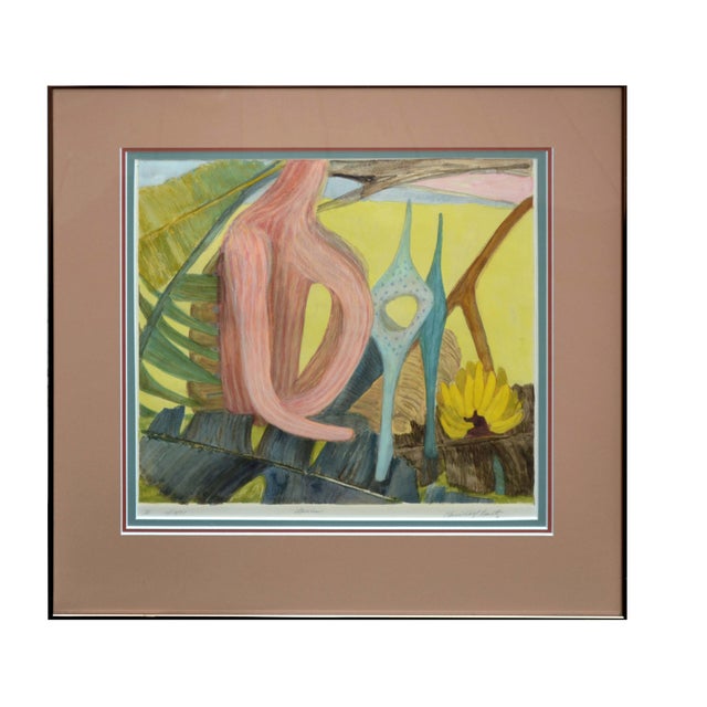 Colorful abstract watercolor of imaginative shapes in a tropical setting with botanical landscape elements by Claire Wolf...