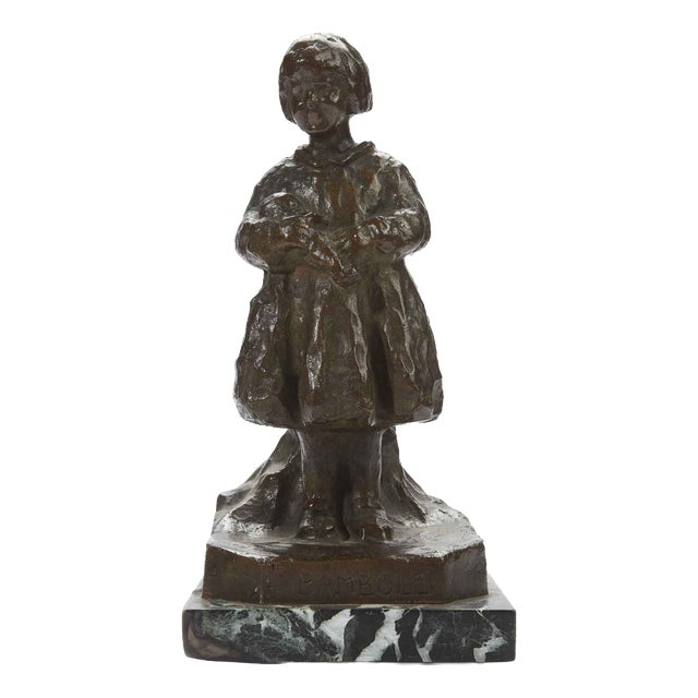 R. Zacchetti, Little Girl with Doll, 1920s, Bronze and Marble For Sale