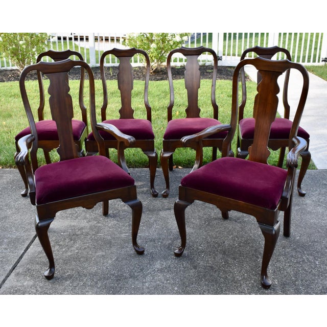 Pennsylvania House Cherry Dining Chairs Vintage Queen Anne Set of 6 Velvet For Sale - Image 10 of 17