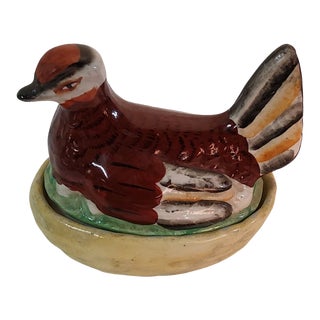 Small Antique Staffordshire Hen Sitting on Nest Covered Dish For Sale