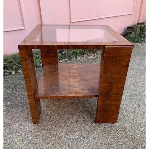 1920s Hungarian Bauhaus Walnut Veneer Two Tier Occasional Table For Sale - Image 9 of 12