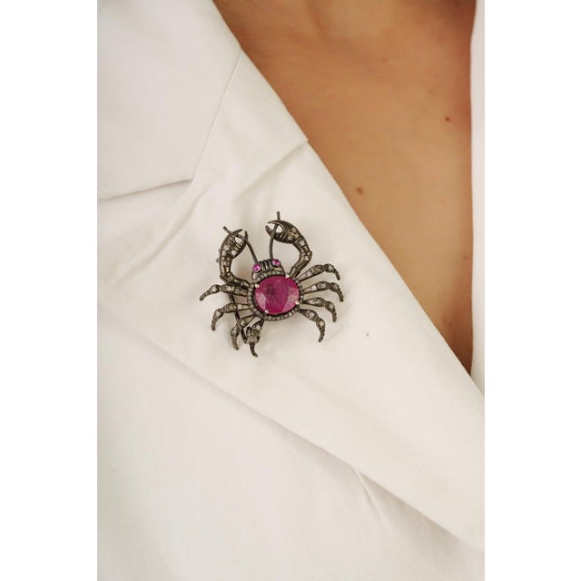 6.4 Carat Ruby and Diamond Crab Brooch Pendant in Sterling Silver For Sale - Image 6 of 14