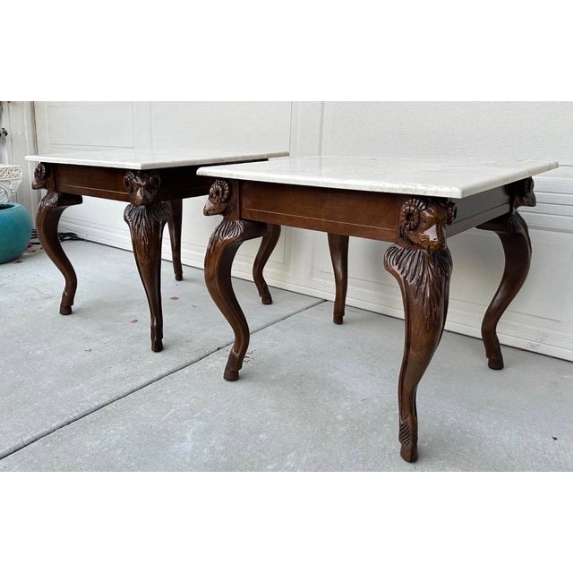 Vintage Ram’s Head Carved Walnut & Travertine Side Tables Attributed to Minton Spidell – Pair For Sale - Image 14 of 18