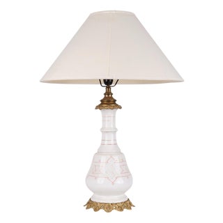 Lamp in White Opaline Glass with Red Pattern and Brass Base, 1880s For Sale