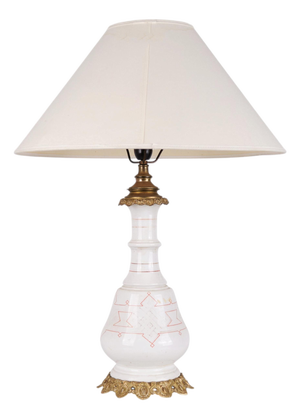 Lamp in White Opaline Glass with Red Pattern and Brass Base, 1880s