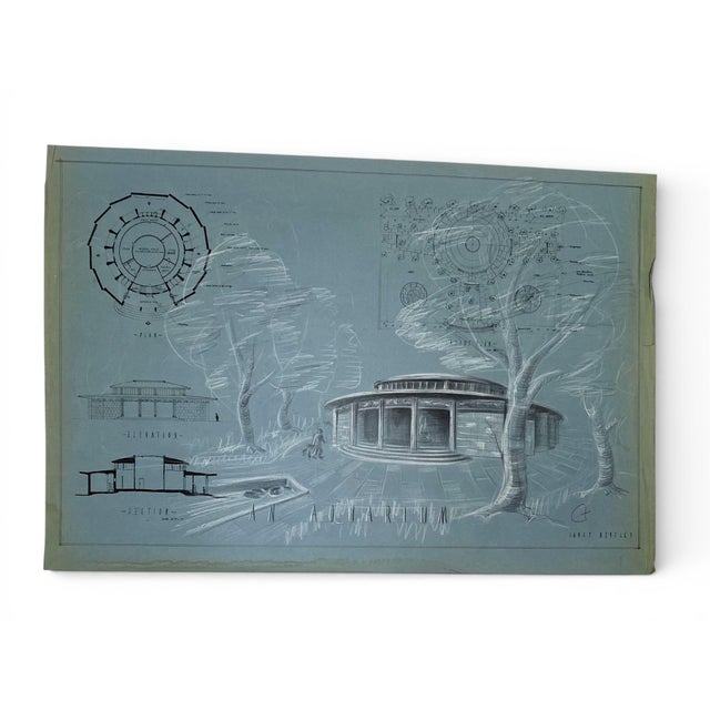 Janet Bentley, Round Pavilion / Aquarium Study Architectural Presentation Drawing, 1953, Mixed Media on Paper For Sale - Image 14 of 14
