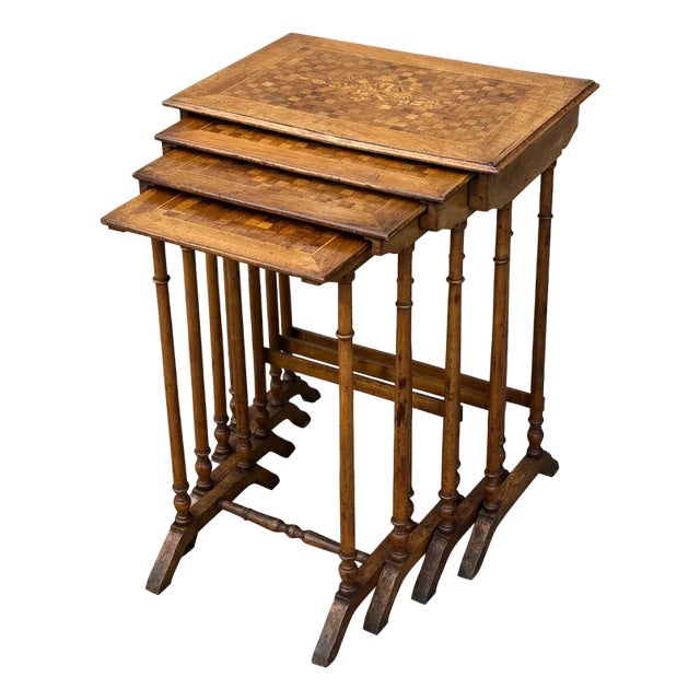 French Walnut Parquetry & Floral Inlay Nesting Tables, 1910, Set of 4 For Sale