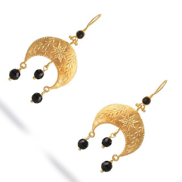 Bronze Mystic Moon Onyx Dangle Gold Earrings, A Pair For Sale - Image 8 of 10
