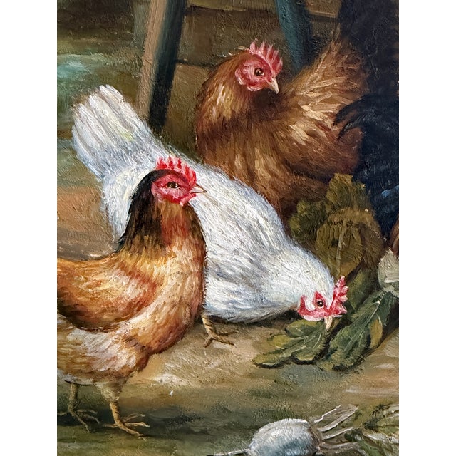 Vintage Signed Rooster and Chickens Oil Painting Farmyard Hen Scene, Gold Frame For Sale - Image 4 of 12