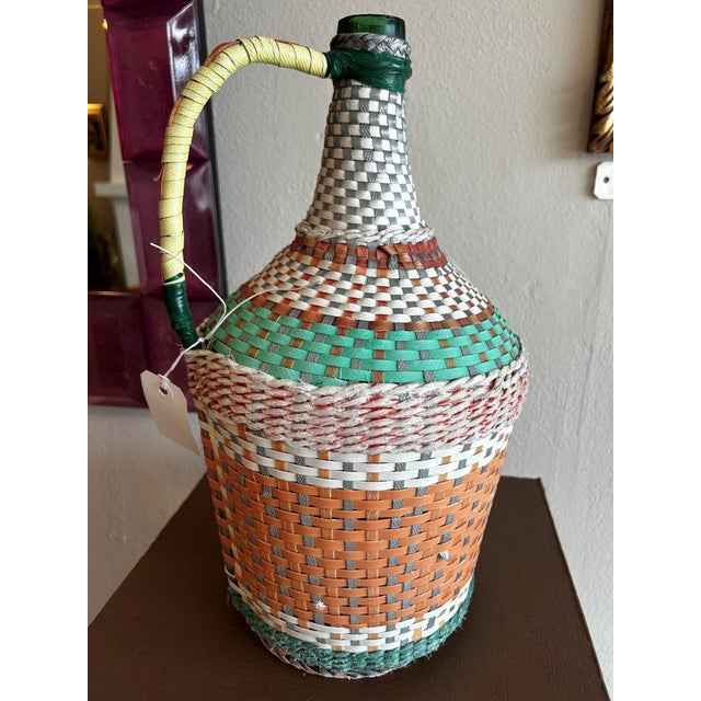 Mediterranean Vintage Orange, Green & White Woven Demijohn Bottle – 15” For Sale - Image 3 of 5
