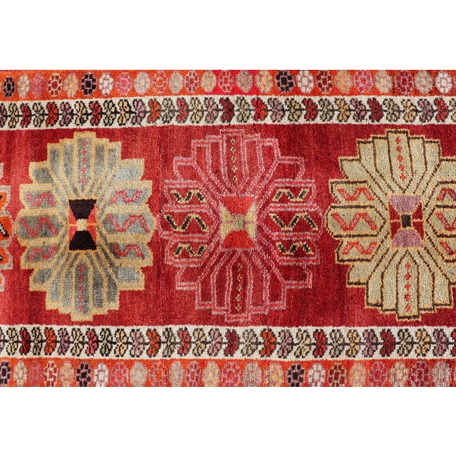 Textile Vintage Turkish Oushak Runner With Bright and Colorful Large Medallion Design 2'11 X 15'0 For Sale - Image 7 of 10