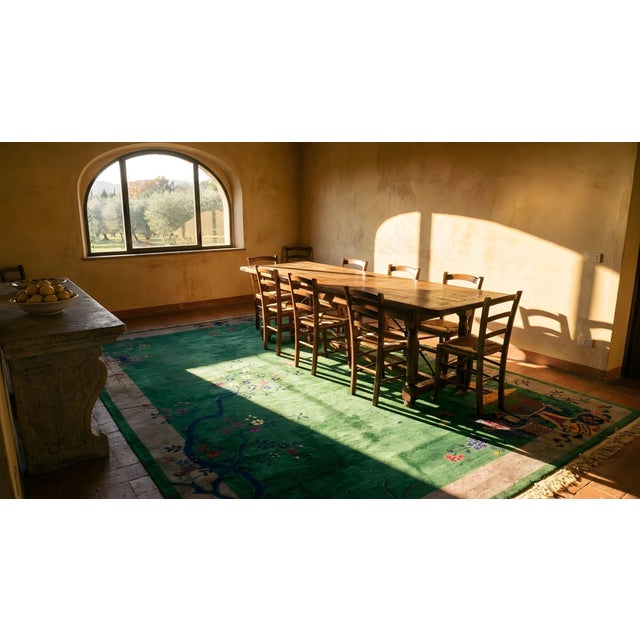 Outstanding Green Open Field Wiht Gray Border in a Floral Pattern Antique Chinese Art Deco Rug For Sale - Image 13 of 14