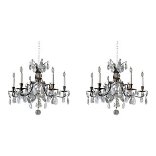 Pair of Maison Bagues Patinated Iron and Rock Crystal Chandeliers For Sale