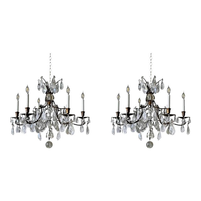 Pair of Maison Bagues Patinated Iron and Rock Crystal Chandeliers For Sale