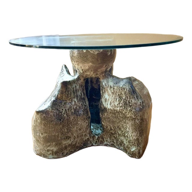 Hand-Built Abstract Ceramic Side Table With Glass Table Top For Sale