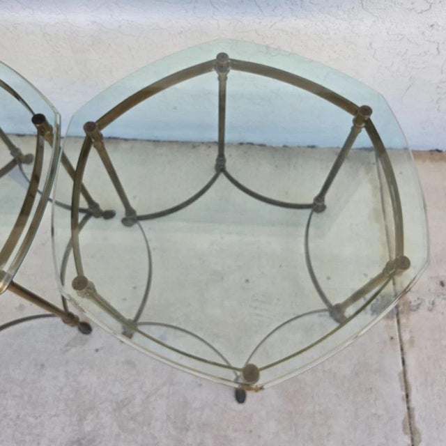 Metal Vintage Labarge Side Tables Brass Glass Hoof Footed Octagonal Pair For Sale - Image 7 of 12