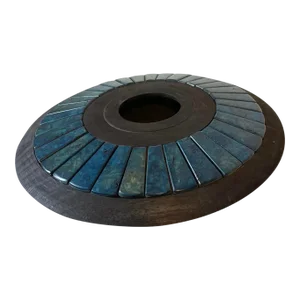 Late 20th Century Modernist Artisan Carved. Black Wood Marbled Blue Bone Tile Disk Vase Singed